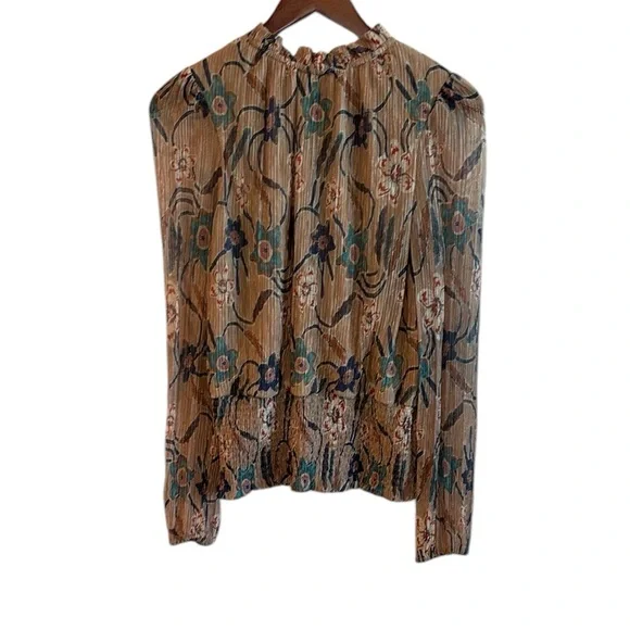 Joie Brocade High Neck Smocked Waist Tan Multicolor Shimmer Floral Top L - Picture 2 of 11